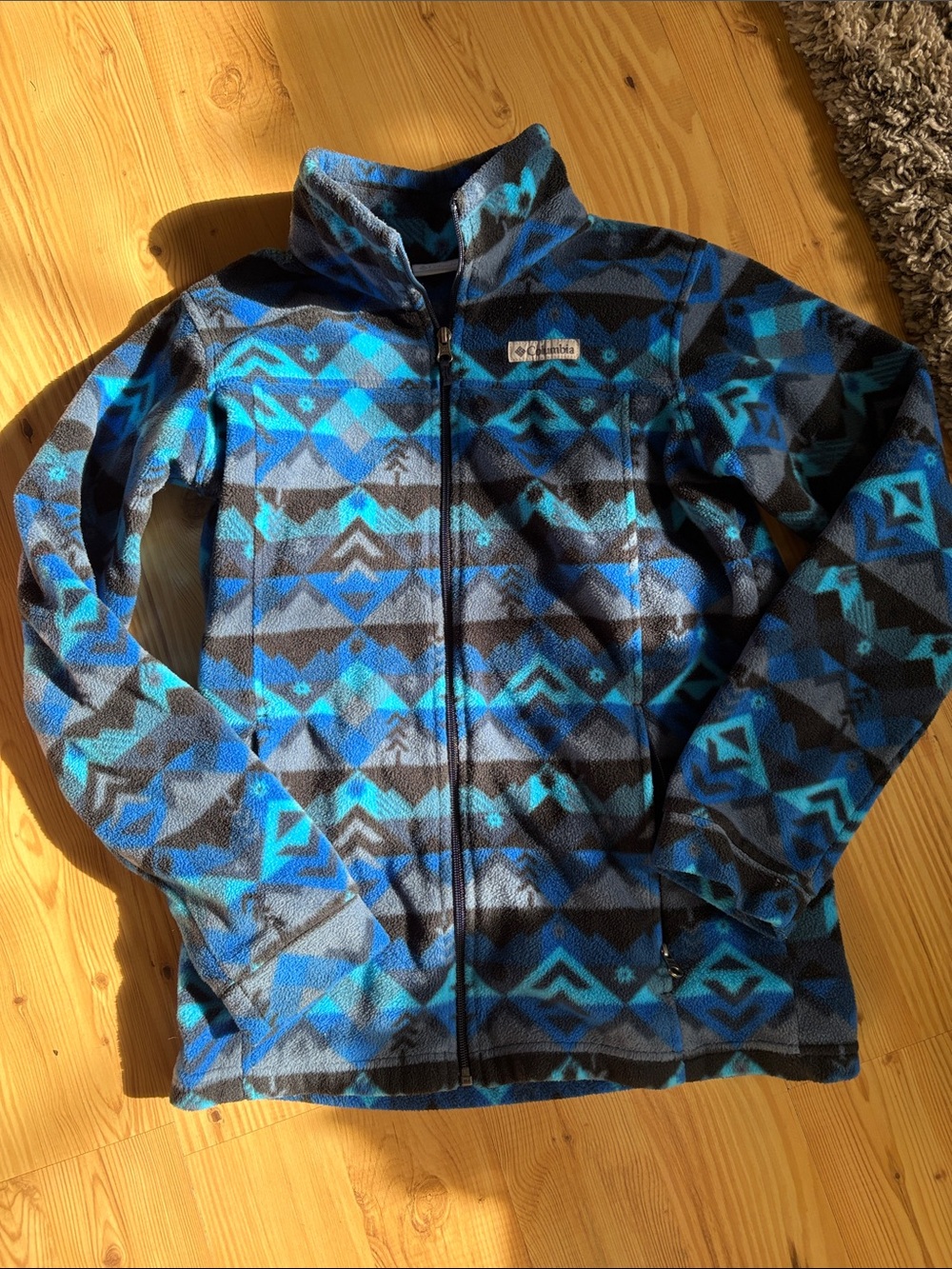 Columbia Blue Black Patterned Full-Zip Kids Fleece Jacket
